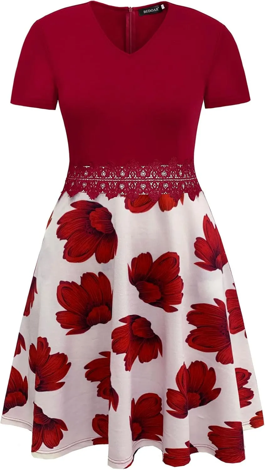 BEDOAR Women's Elegant Lace Embroidery Plus Size Flared A-Line Swing Casual Party Cocktail Dresses with Pockets