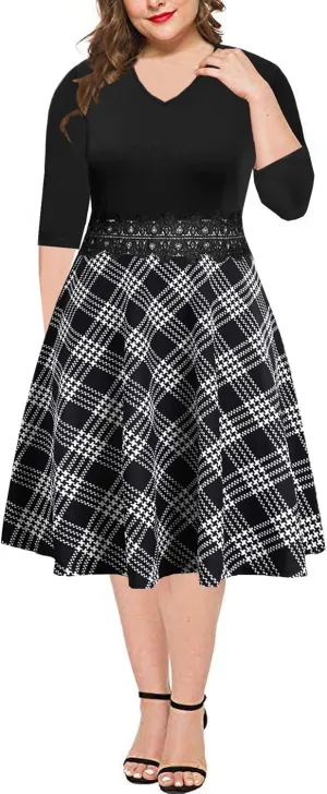 BEDOAR Women's Elegant Lace Embroidery Plus Size Flared A-Line Swing Casual Party Cocktail Dresses with Pockets