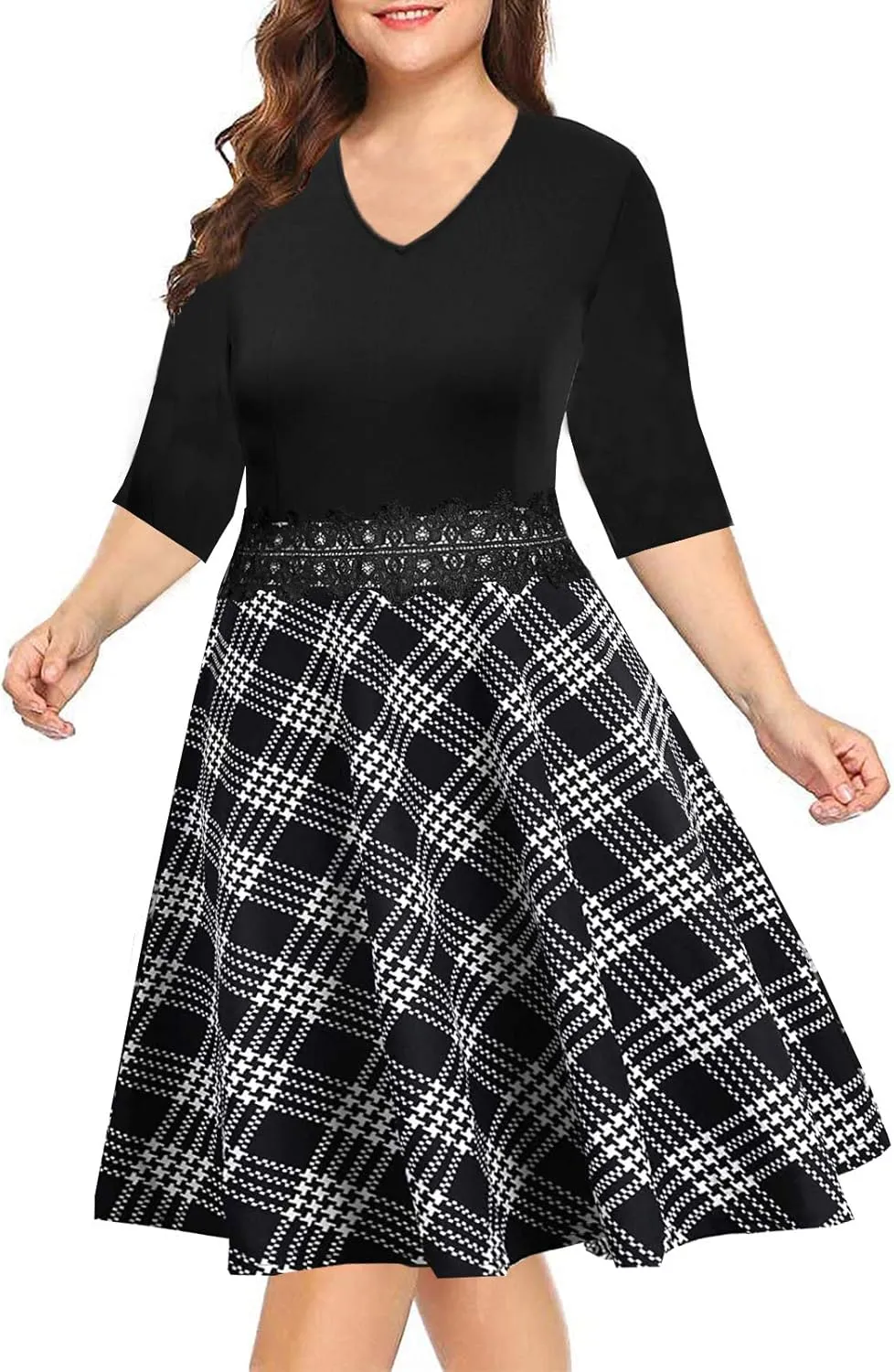 BEDOAR Women's Elegant Lace Embroidery Plus Size Flared A-Line Swing Casual Party Cocktail Dresses with Pockets