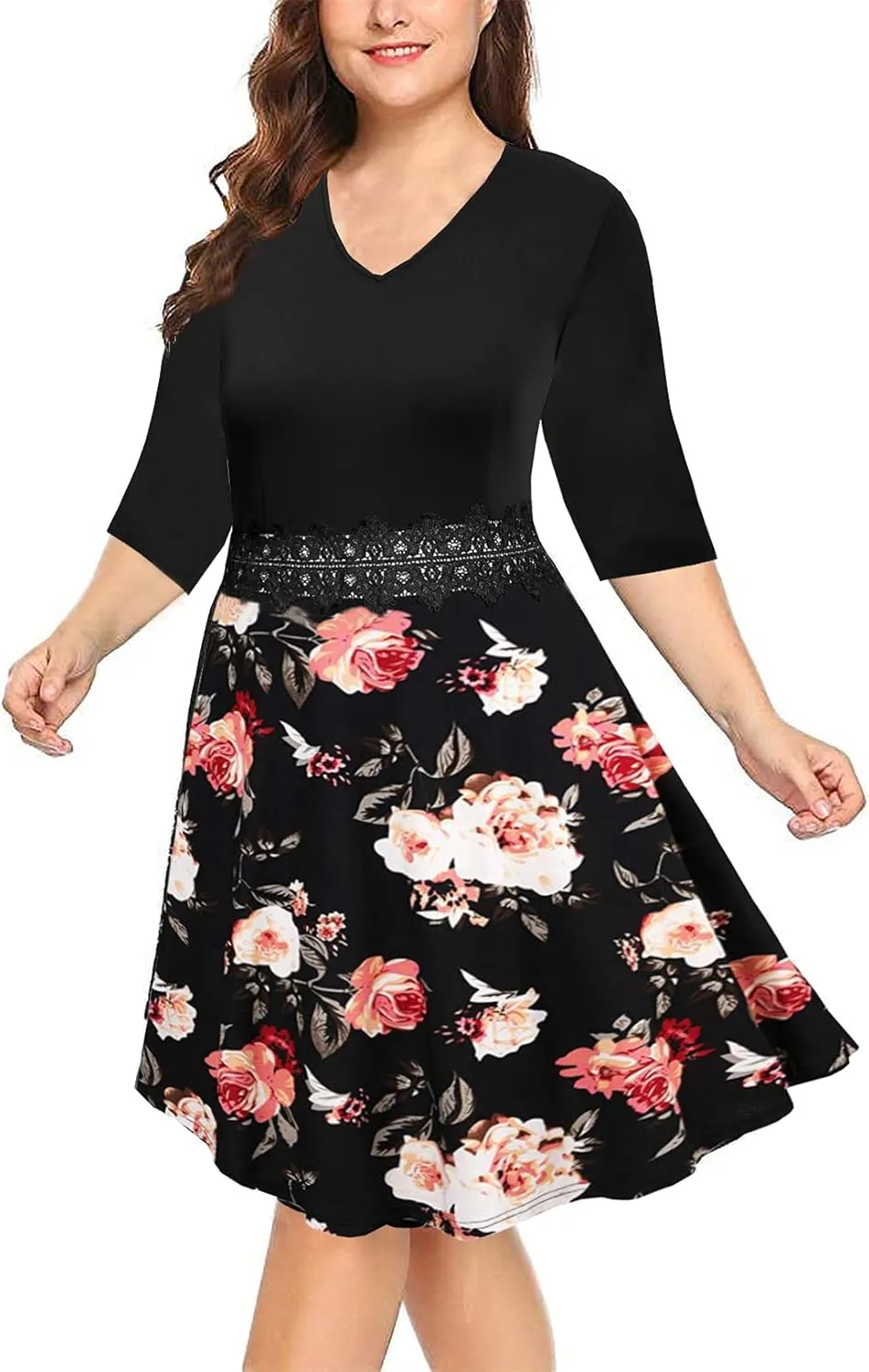 BEDOAR Women's Elegant Lace Embroidery Plus Size Flared A-Line Swing Casual Party Cocktail Dresses with Pockets