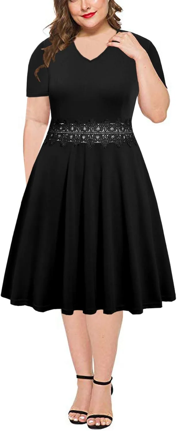 BEDOAR Women's Elegant Lace Embroidery Plus Size Flared A-Line Swing Casual Party Cocktail Dresses with Pockets