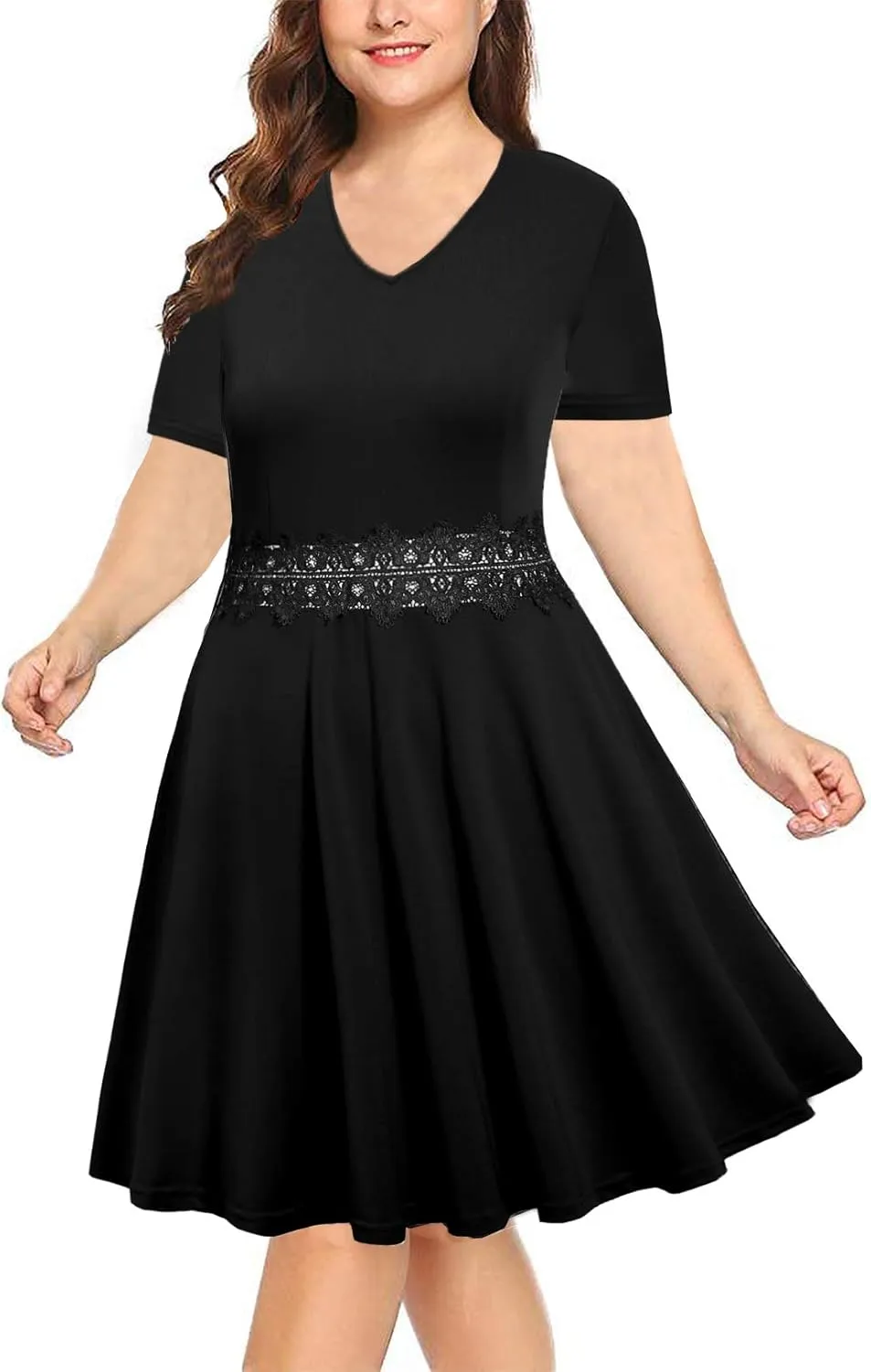 BEDOAR Women's Elegant Lace Embroidery Plus Size Flared A-Line Swing Casual Party Cocktail Dresses with Pockets