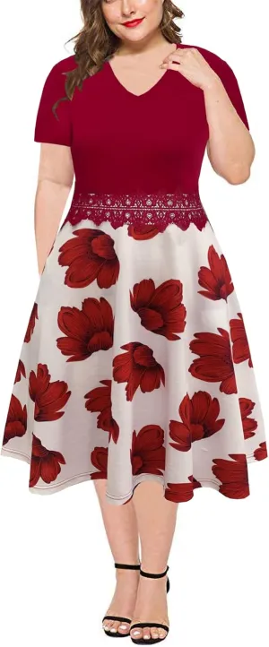 BEDOAR Women's Elegant Lace Embroidery Plus Size Flared A-Line Swing Casual Party Cocktail Dresses with Pockets