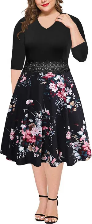 BEDOAR Women's Elegant Lace Embroidery Plus Size Flared A-Line Swing Casual Party Cocktail Dresses with Pockets
