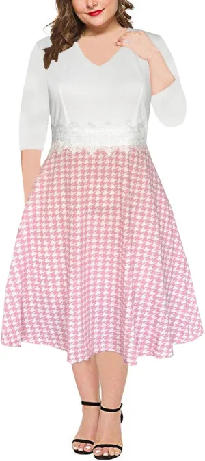 BEDOAR Women's Elegant Lace Embroidery Plus Size Flared A-Line Swing Casual Party Cocktail Dresses with Pockets