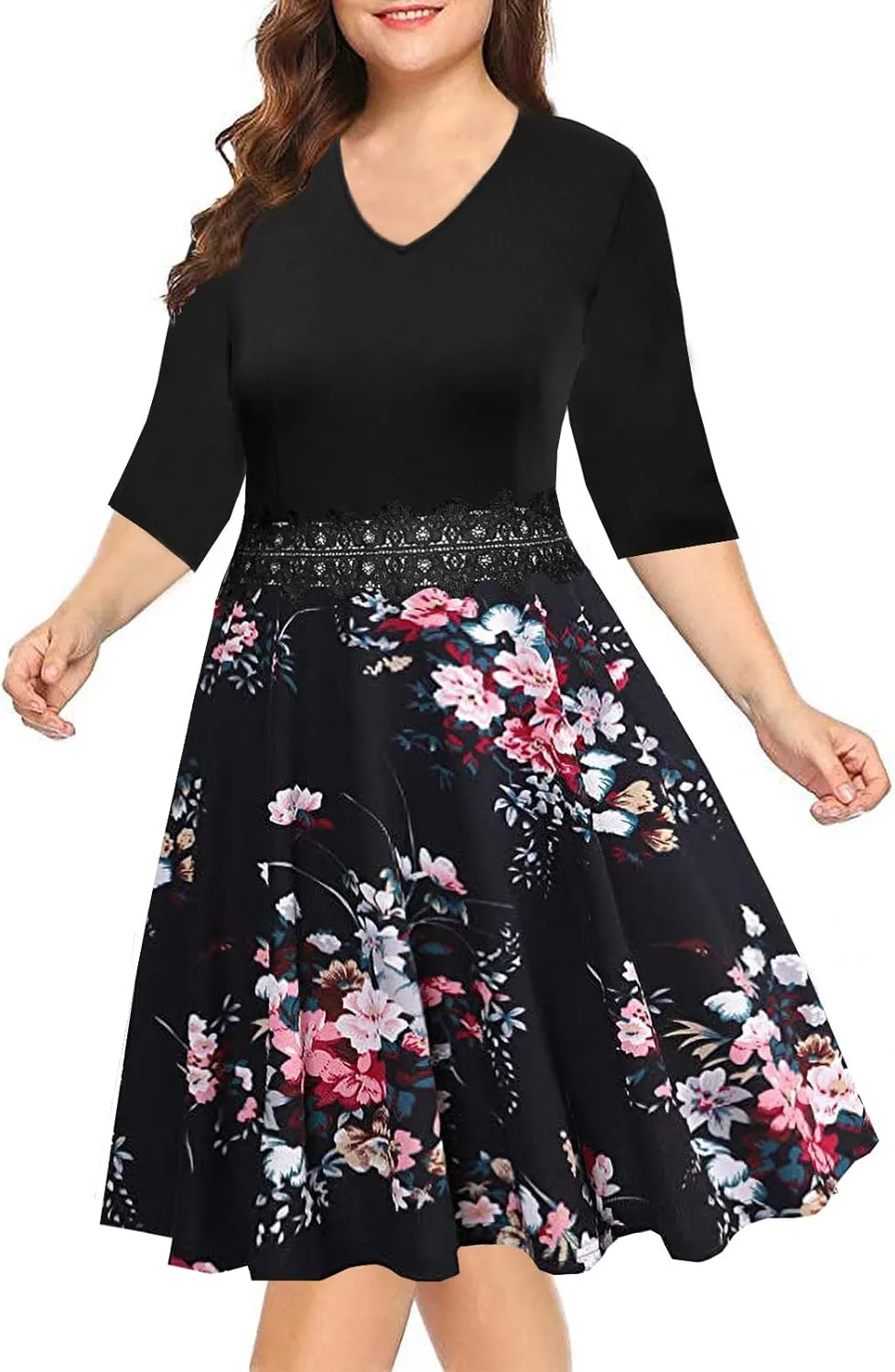 BEDOAR Women's Elegant Lace Embroidery Plus Size Flared A-Line Swing Casual Party Cocktail Dresses with Pockets