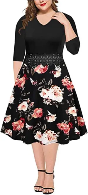 BEDOAR Women's Elegant Lace Embroidery Plus Size Flared A-Line Swing Casual Party Cocktail Dresses with Pockets