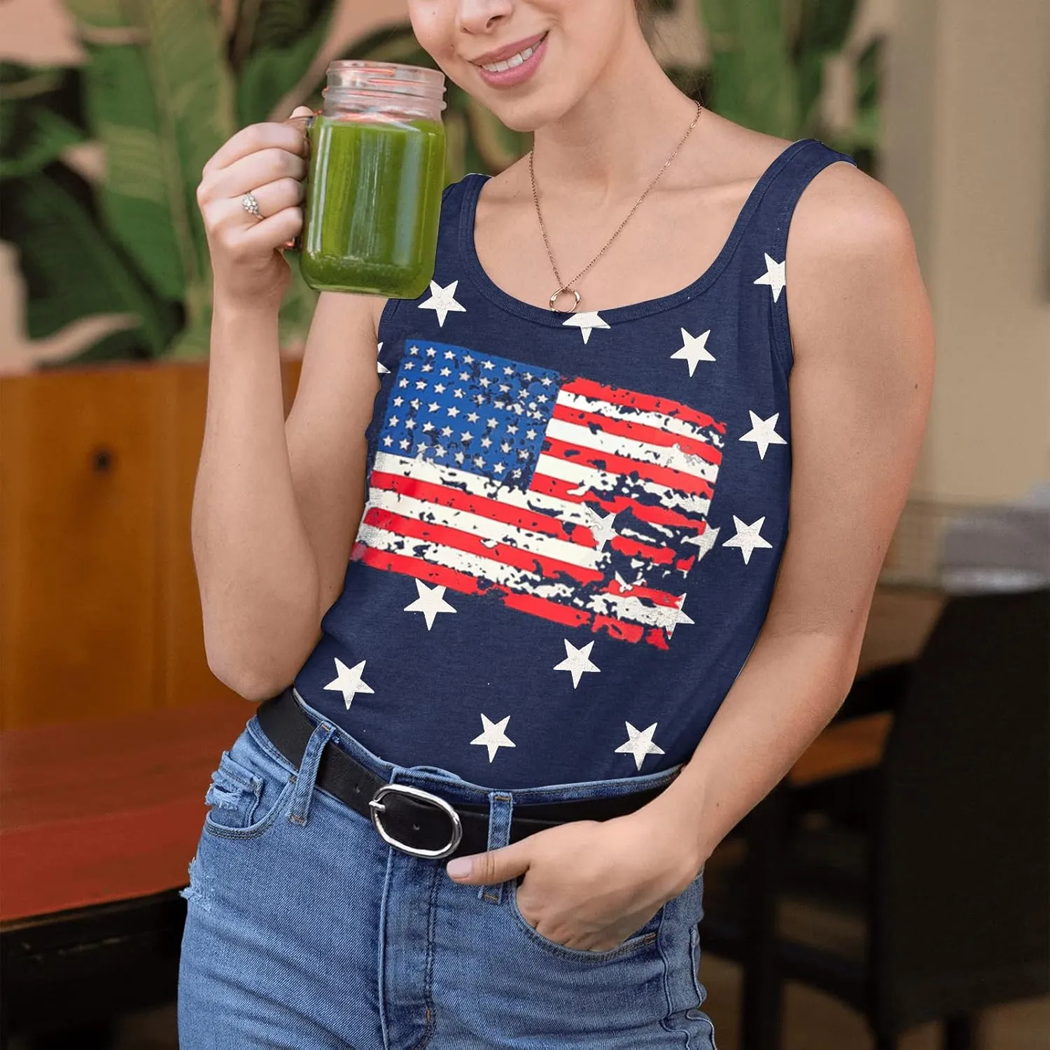 Binshre USA Flag Print Tank Tops Women American Stars Stripes Patriotic T Shirt Summer Casual Vest Tees