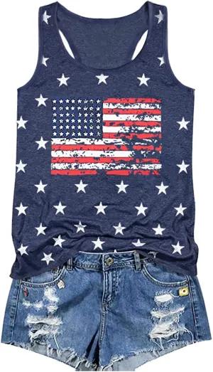 Binshre USA Flag Print Tank Tops Women American Stars Stripes Patriotic T Shirt Summer Casual Vest Tees