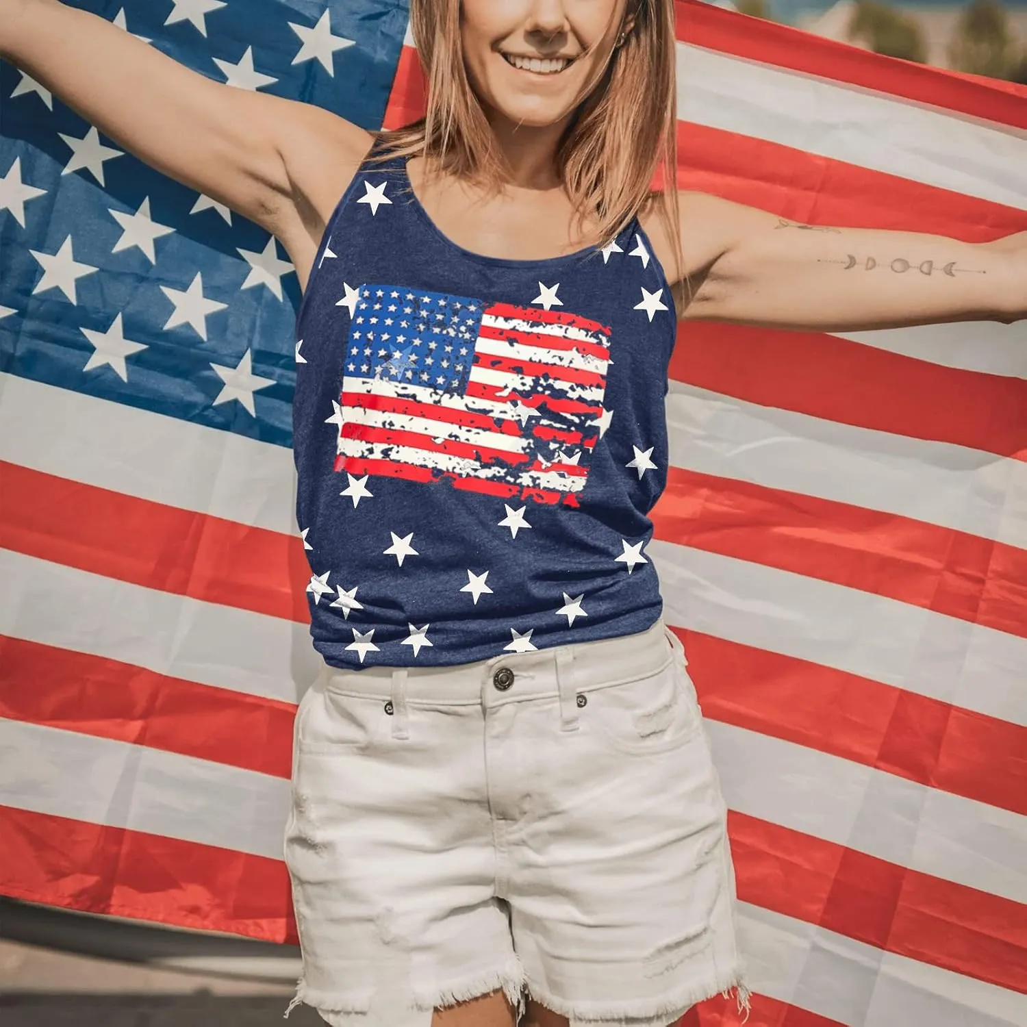 Binshre USA Flag Print Tank Tops Women American Stars Stripes Patriotic T Shirt Summer Casual Vest Tees