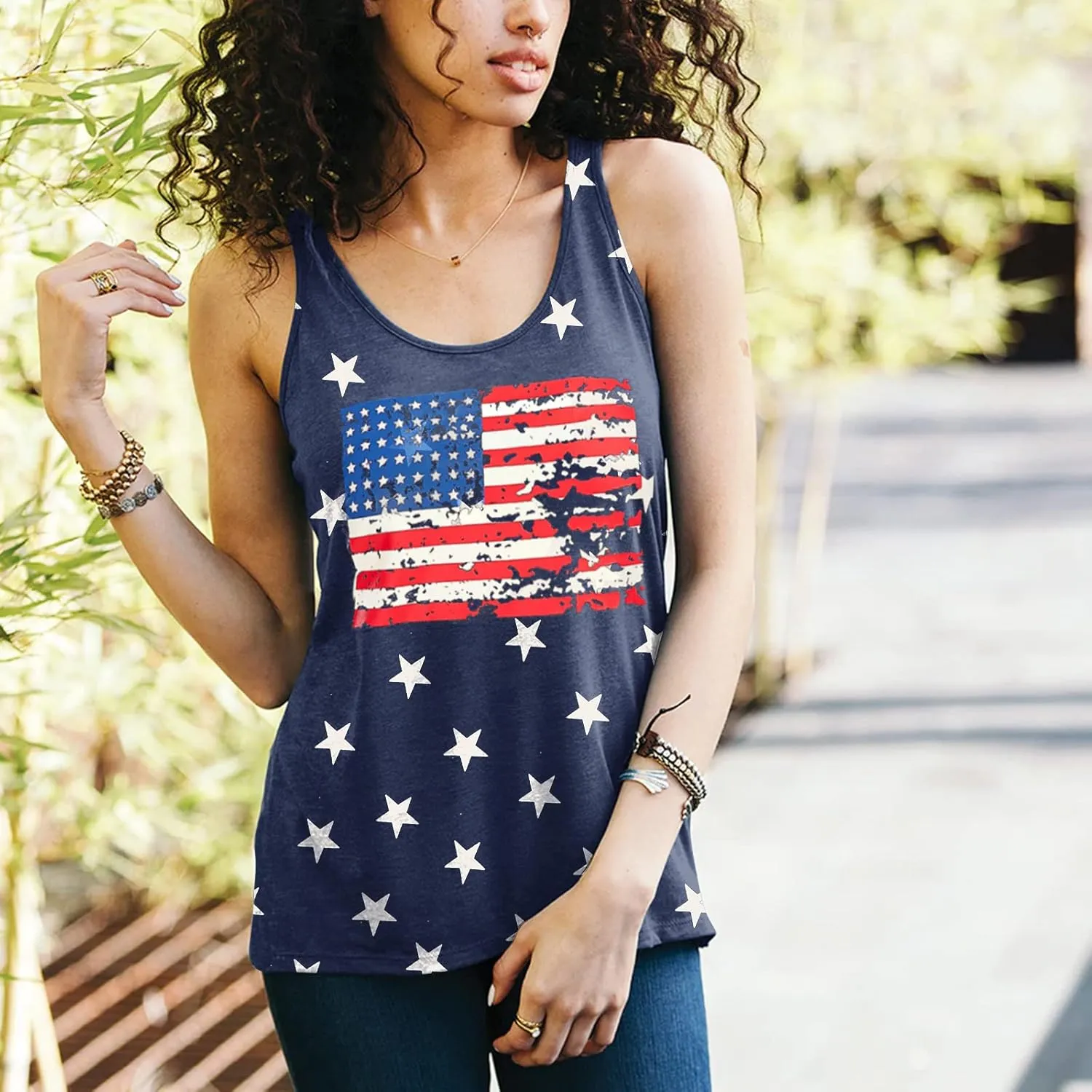 Binshre USA Flag Print Tank Tops Women American Stars Stripes Patriotic T Shirt Summer Casual Vest Tees