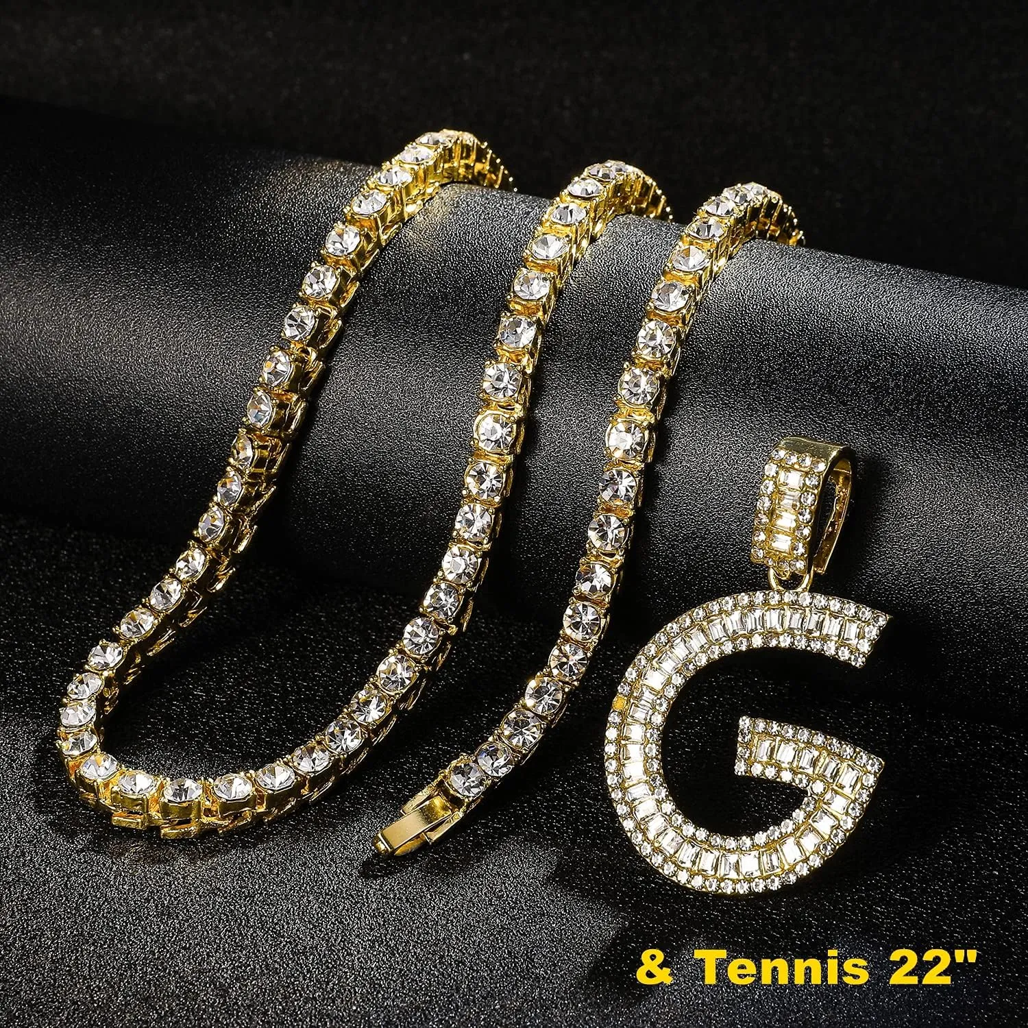 Bling Silver Gold Iced Out Baguette Initial Letter Necklaces for Men Women Big Cz Diamond Capital Letter Pendant A-Z with Rope Tennis Chains