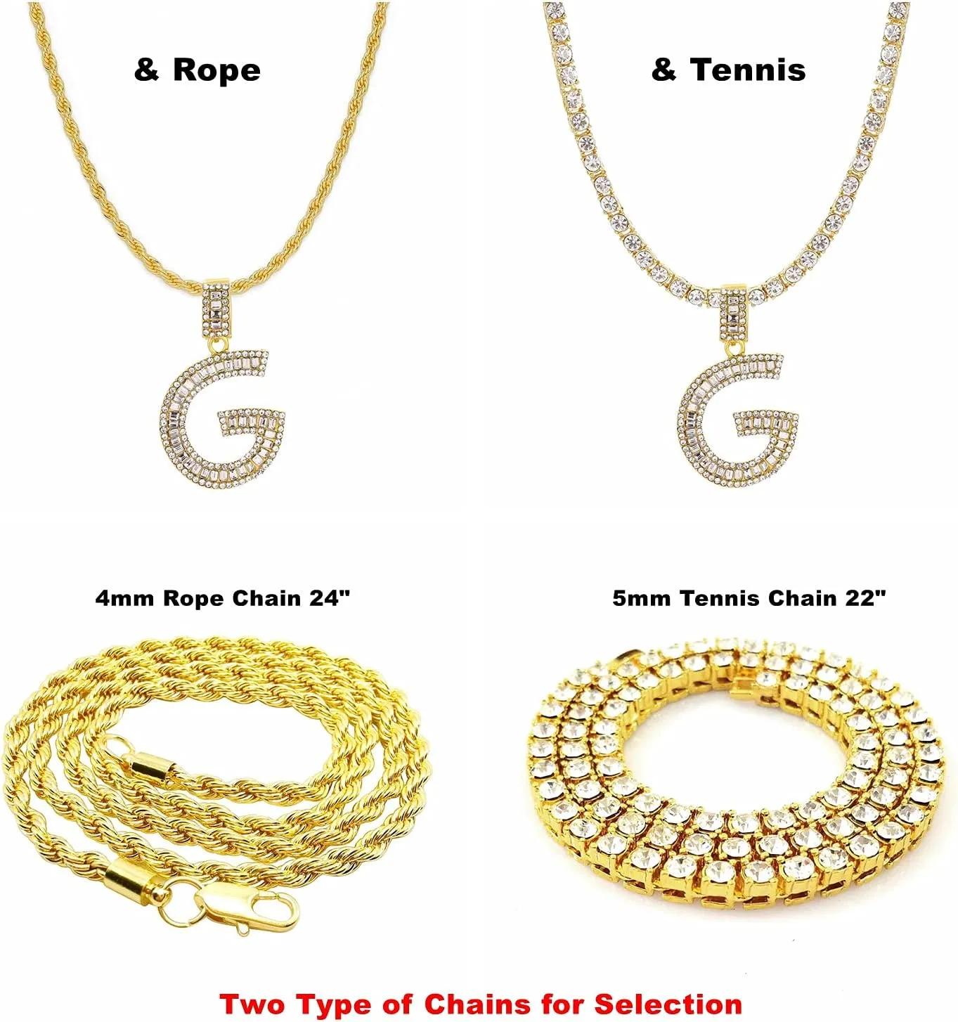 Bling Silver Gold Iced Out Baguette Initial Letter Necklaces for Men Women Big Cz Diamond Capital Letter Pendant A-Z with Rope Tennis Chains