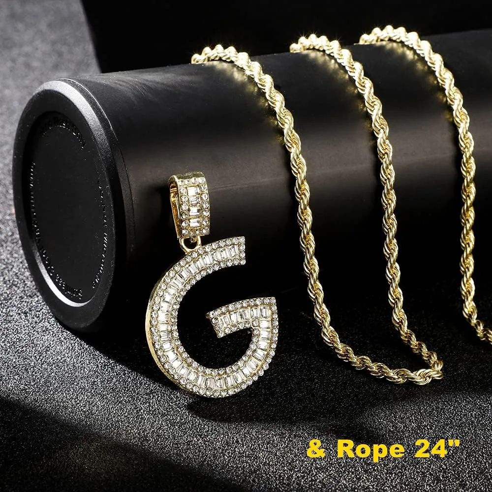 Bling Silver Gold Iced Out Baguette Initial Letter Necklaces for Men Women Big Cz Diamond Capital Letter Pendant A-Z with Rope Tennis Chains
