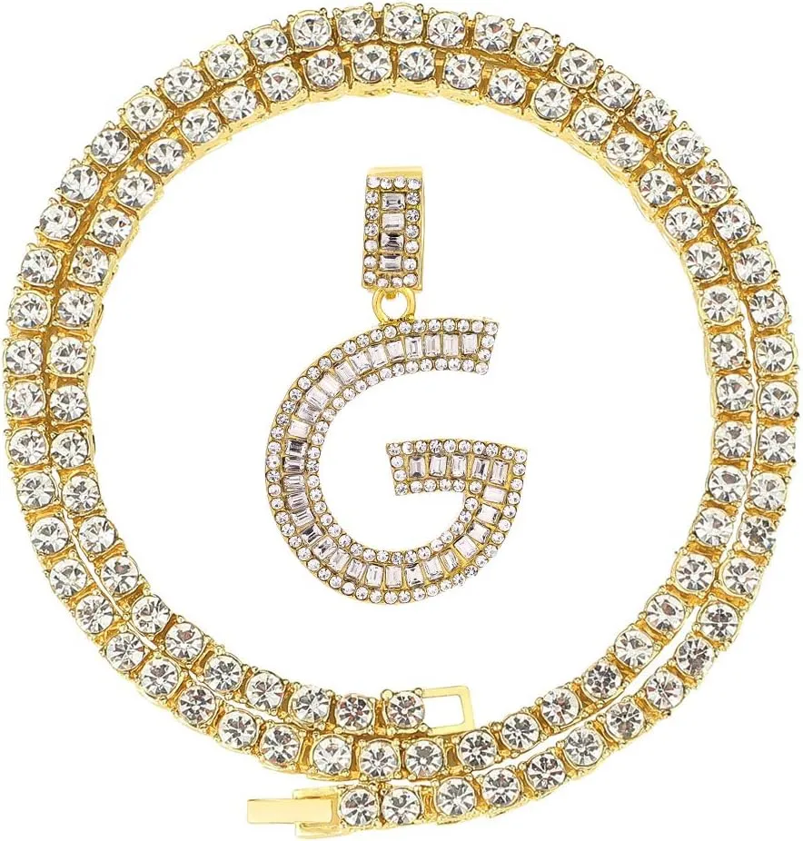 Bling Silver Gold Iced Out Baguette Initial Letter Necklaces for Men Women Big Cz Diamond Capital Letter Pendant A-Z with Rope Tennis Chains