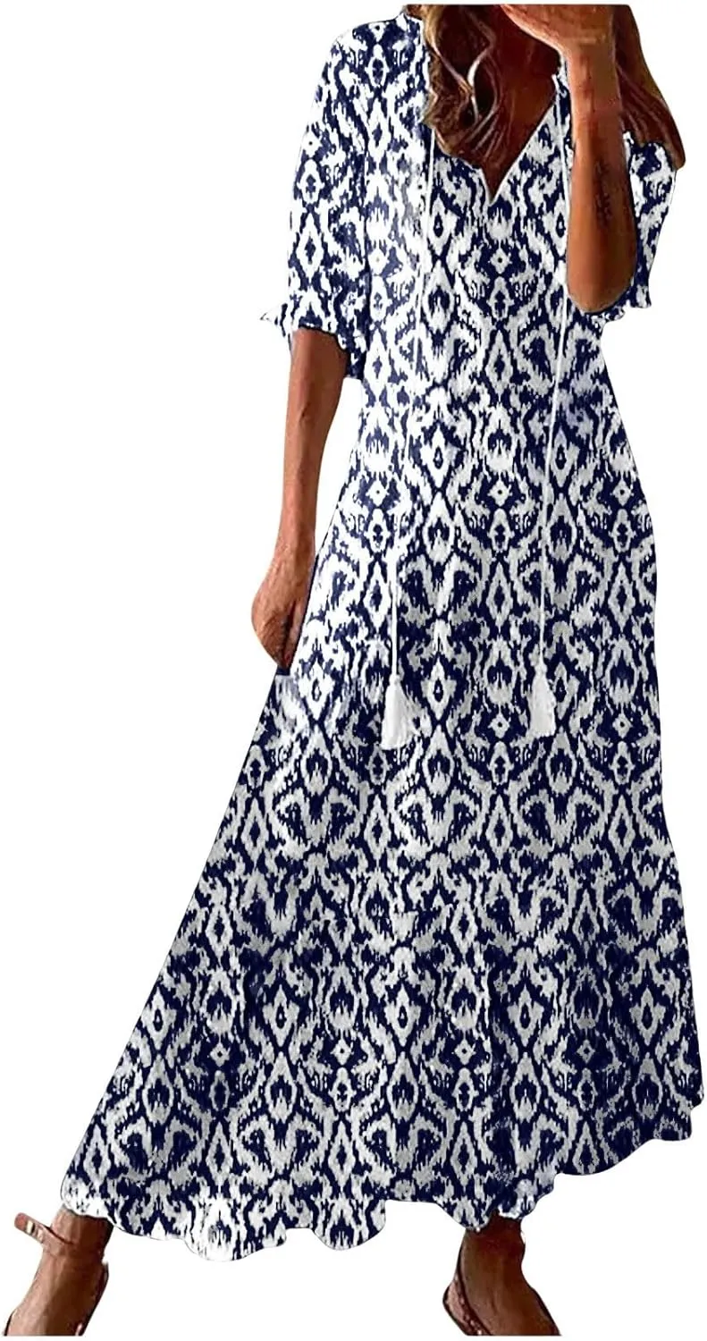Boho Dress for Women Half Sleeve V Neck Tassel Maxi Dresses Floral Printed Flowy A-Line Beach Vacation Dresses