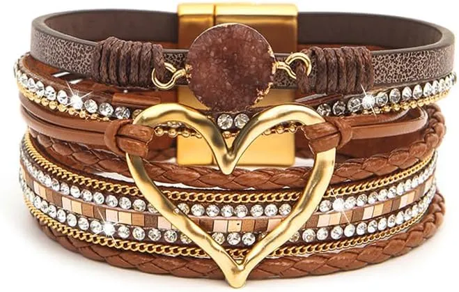 Boho Leather Wrap Bracelets Heart Summer Bracelets Fashion Crystal Layered Bracelet with Stackable Clasp for Women