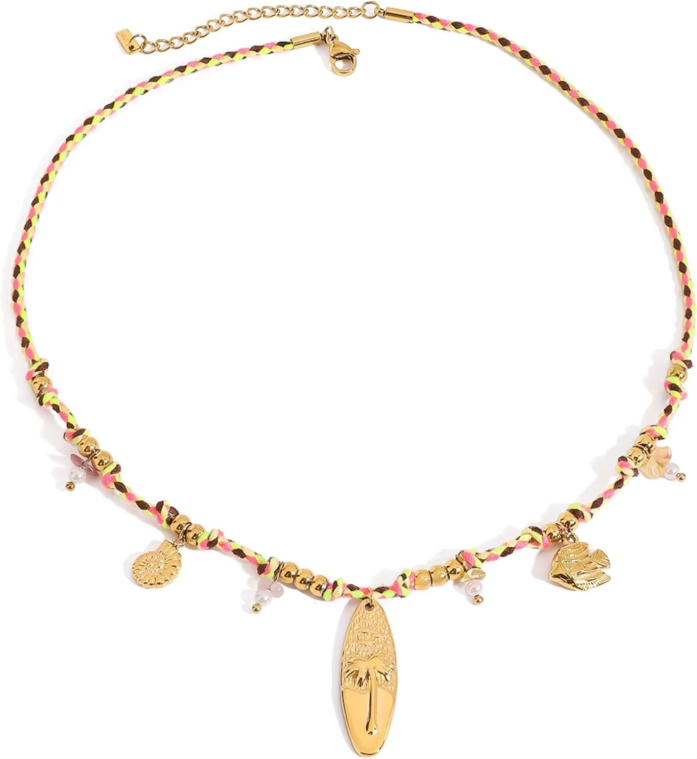 Boho Ocean Pendant Necklace for Women with Braided Cord, Adjustable Summer Jewelry with Gold Stainless Steel Charms