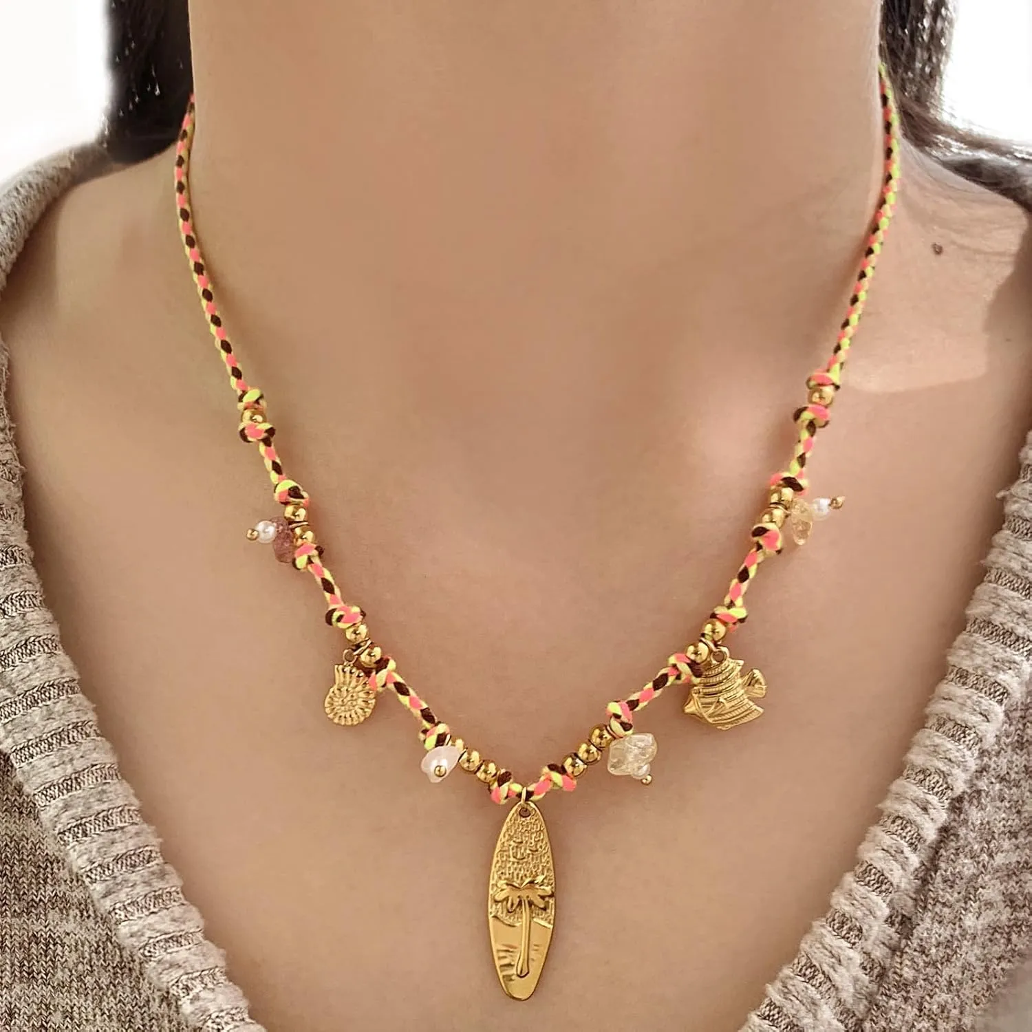 Boho Ocean Pendant Necklace for Women with Braided Cord, Adjustable Summer Jewelry with Gold Stainless Steel Charms