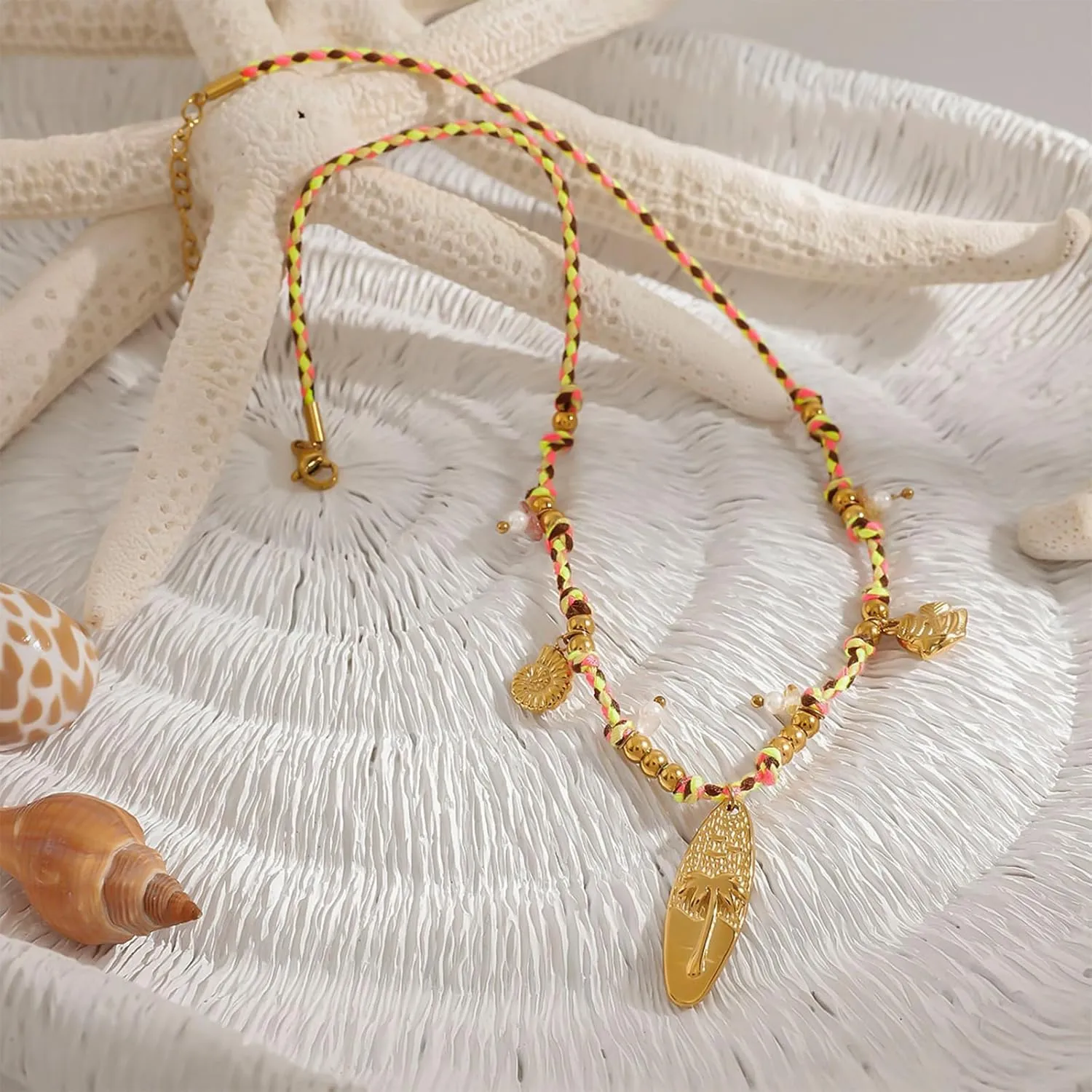 Boho Ocean Pendant Necklace for Women with Braided Cord, Adjustable Summer Jewelry with Gold Stainless Steel Charms