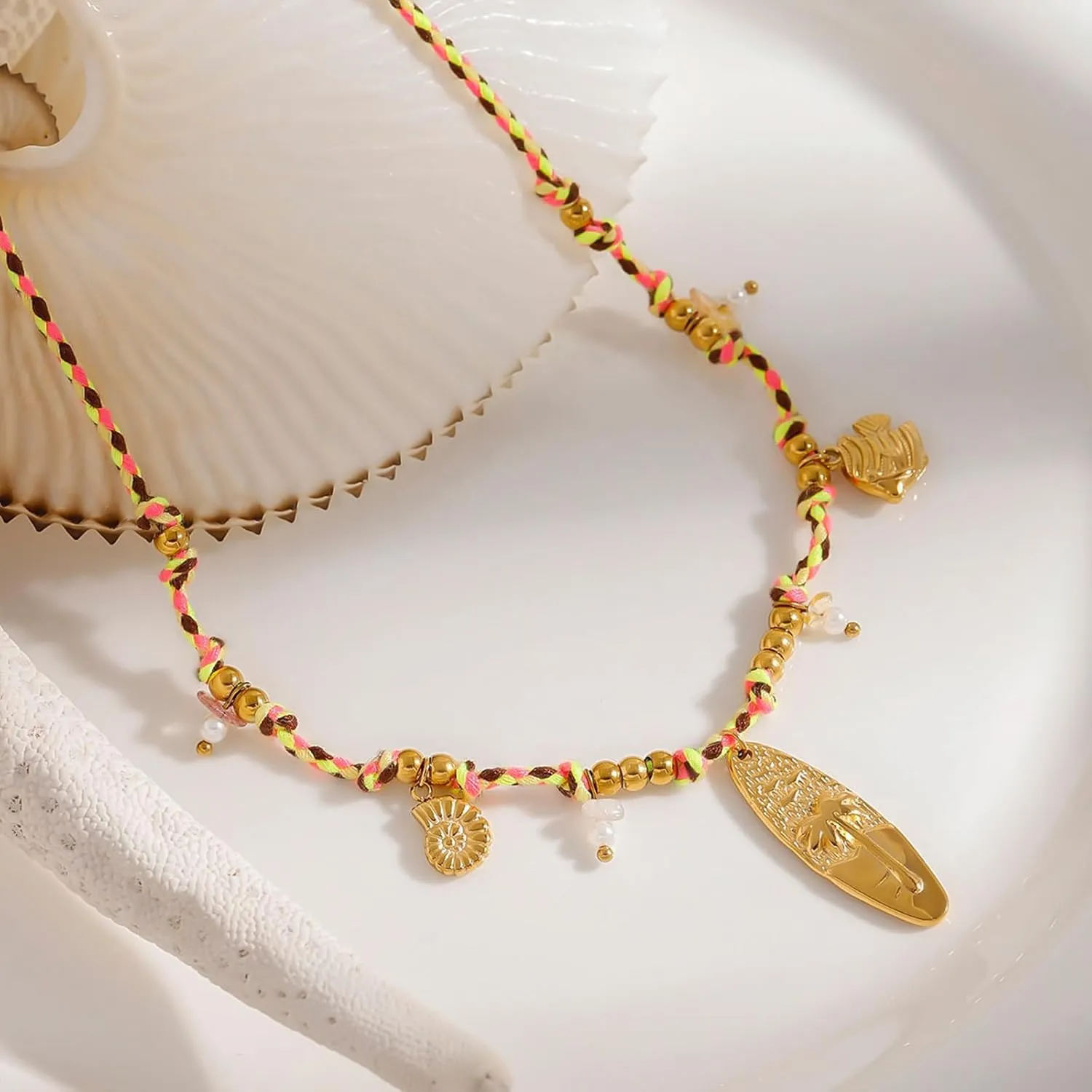 Boho Ocean Pendant Necklace for Women with Braided Cord, Adjustable Summer Jewelry with Gold Stainless Steel Charms