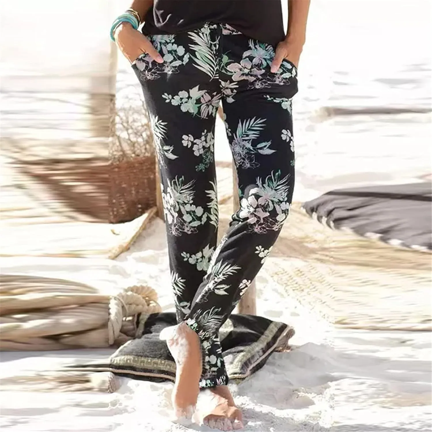 Boho Pants for Womens Summer Beach Floral Prints High Waisted Elastic Drawstring Tapered Pants Loose Fit Casual Trousers