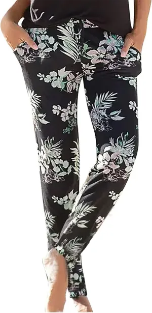 Boho Pants for Womens Summer Beach Floral Prints High Waisted Elastic Drawstring Tapered Pants Loose Fit Casual Trousers