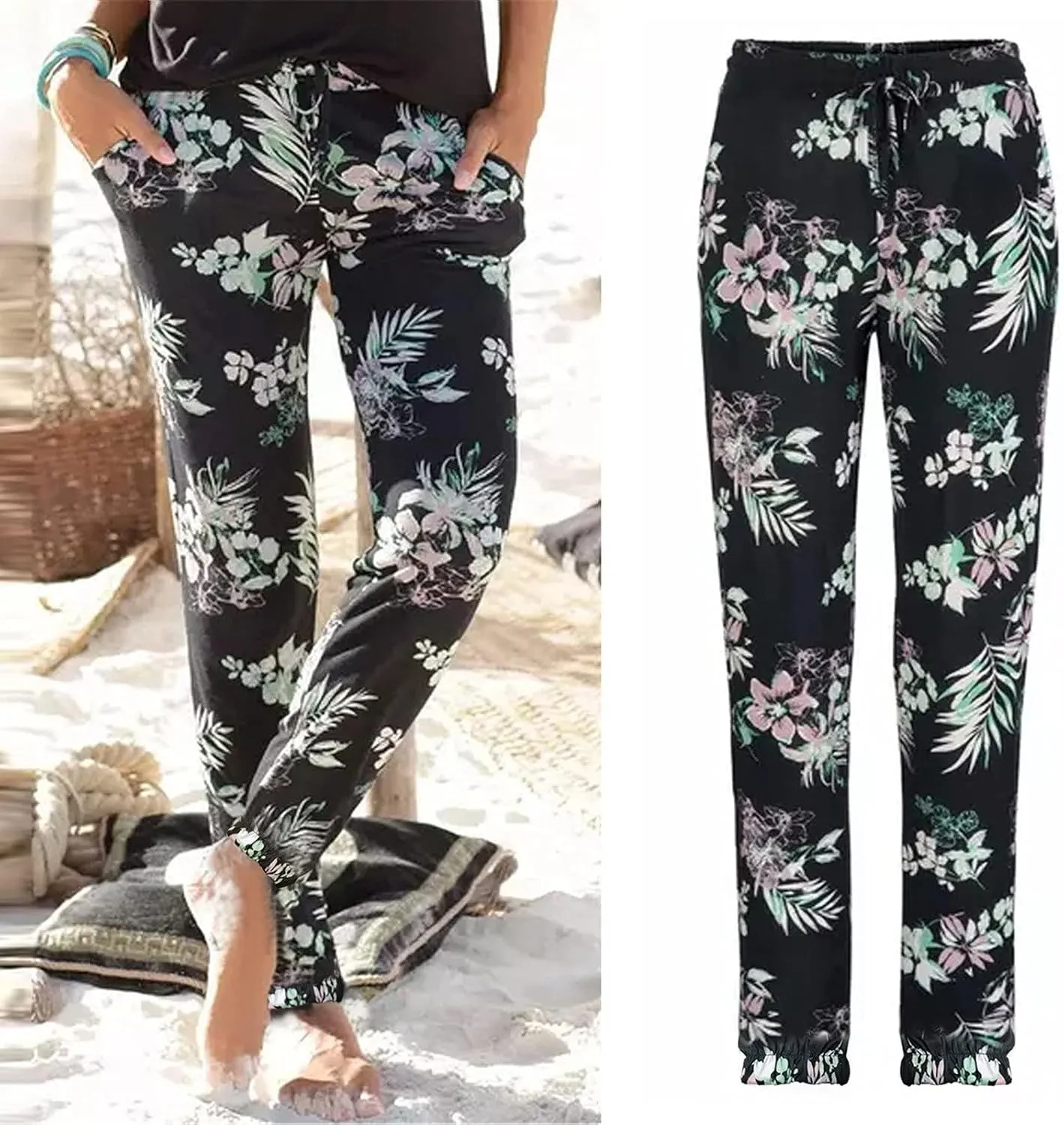 Boho Pants for Womens Summer Beach Floral Prints High Waisted Elastic Drawstring Tapered Pants Loose Fit Casual Trousers
