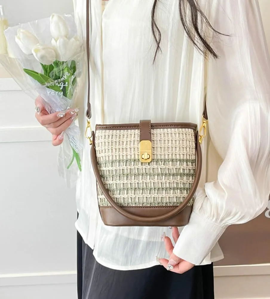 Bucket Bags Top Handle Straw Crossbody Bags for Women Summer Straw Purses and Handbags Shoulder Clutch Beach Bag