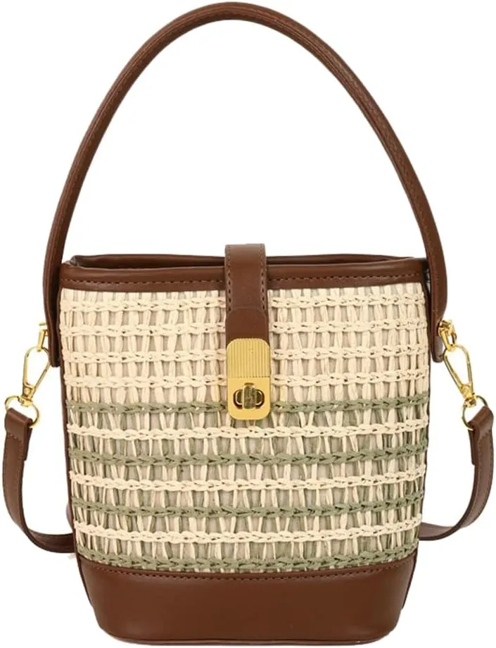 Bucket Bags Top Handle Straw Crossbody Bags for Women Summer Straw Purses and Handbags Shoulder Clutch Beach Bag