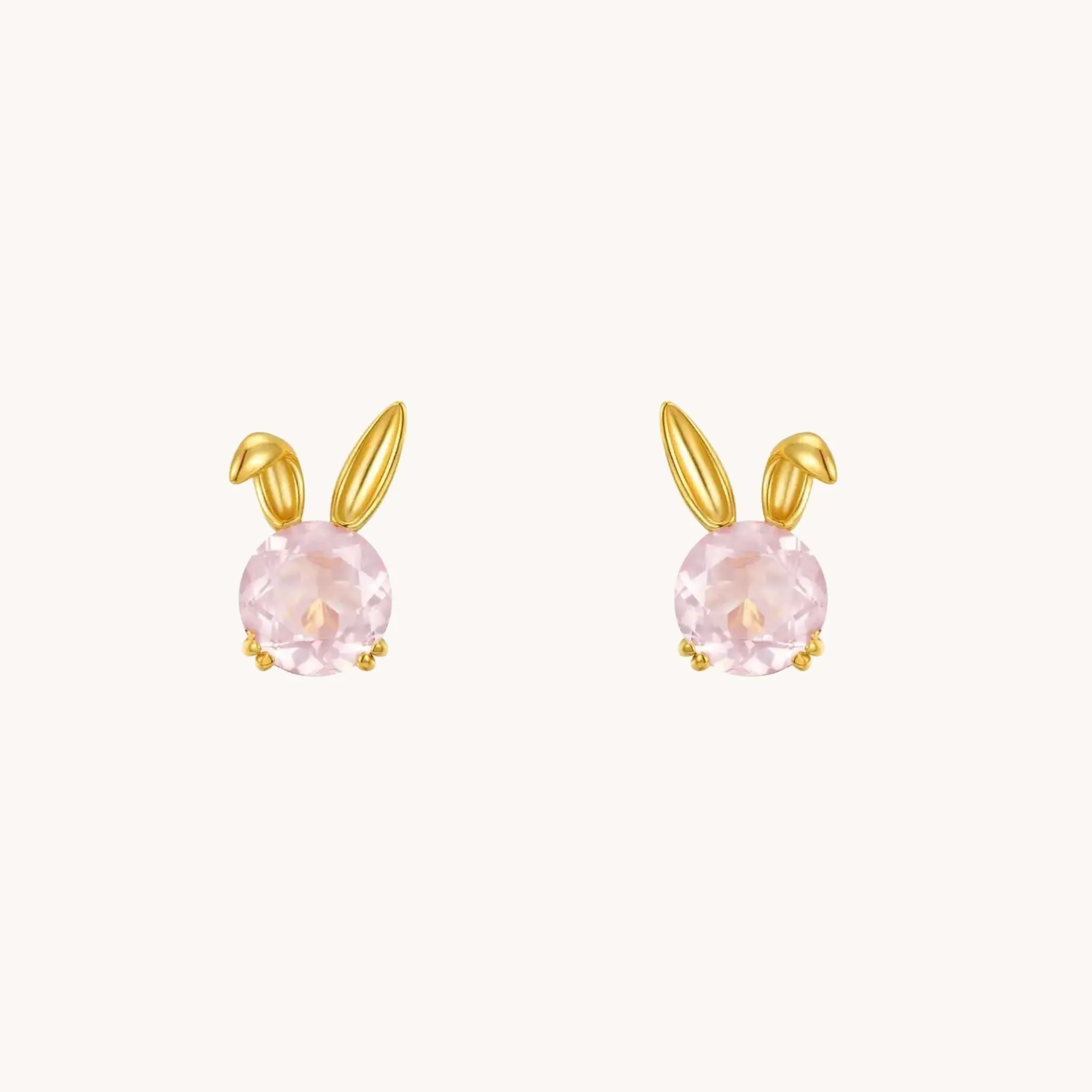 Rose Quartz Bunny Shaped Gold Stud Earrings