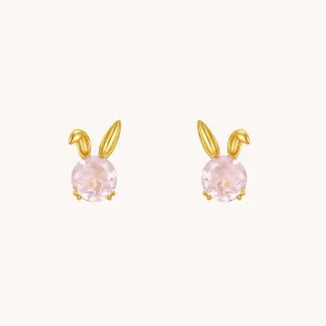 Rose Quartz Bunny Shaped Gold Stud Earrings
