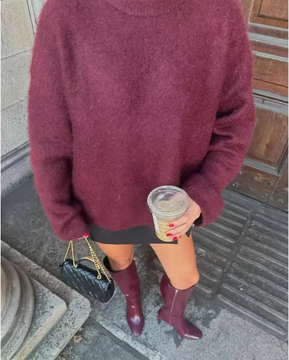 Burgundy Sweater Women Pullover Crewneck Knit Sweaters Oversized Red Cute Sweaters Fall 2024 Trendy