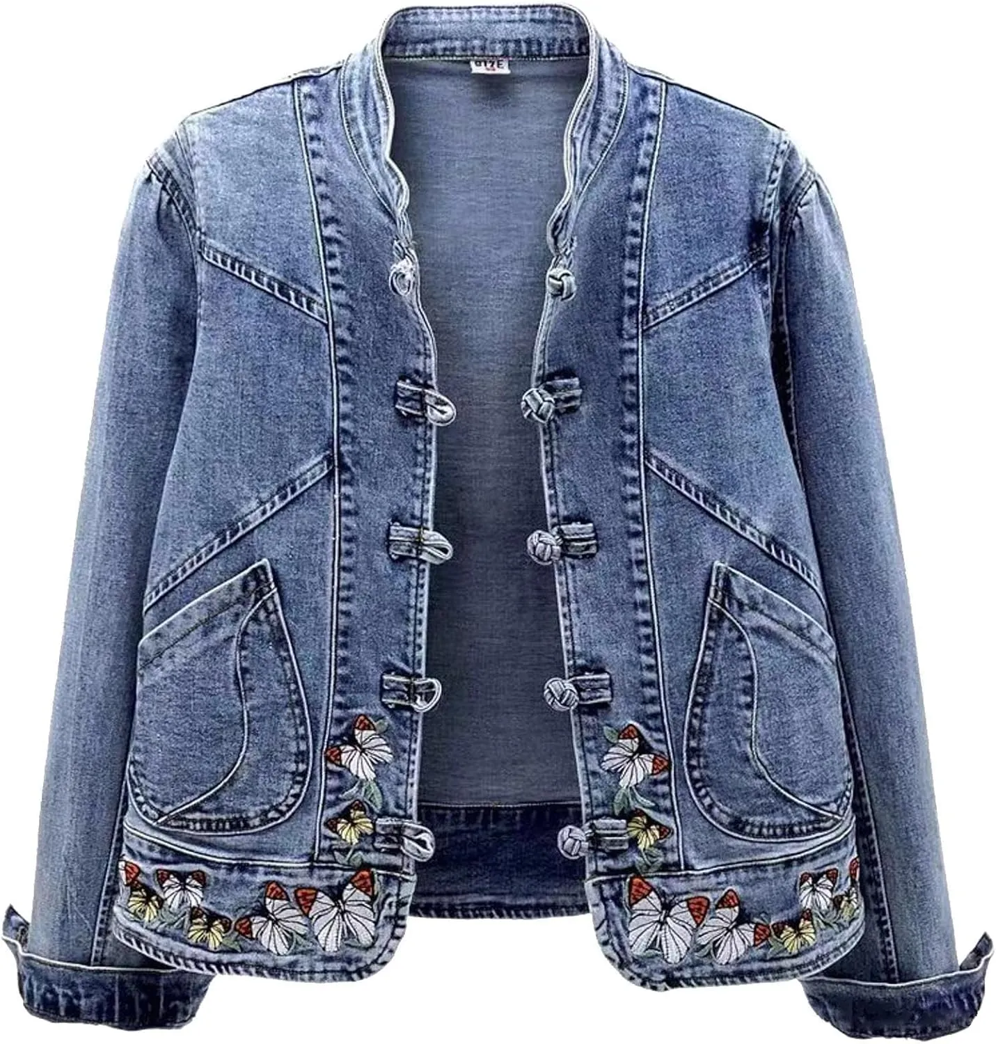 Butterfly Embroidery Denim Jacket for Women Long Sleeve Botton Up Coat with Pocket Trendy Fitted Fall Plain Autumn Outerwear