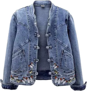 Butterfly Embroidery Denim Jacket for Women Long Sleeve Botton Up Coat with Pocket Trendy Fitted Fall Plain Autumn Outerwear
