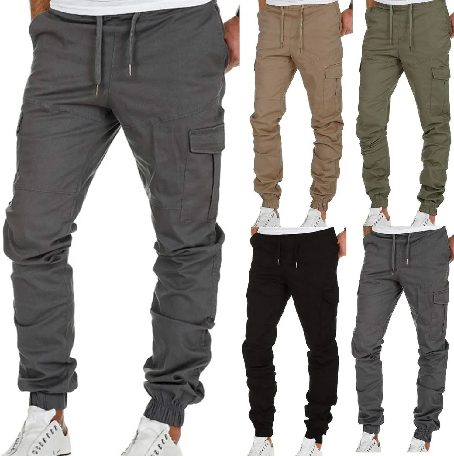 Cargo Pants for Men,Drawstring Elastic Waist Trouser Street Cargo Pants Casual Hiking Pants Joggers Sweatpant