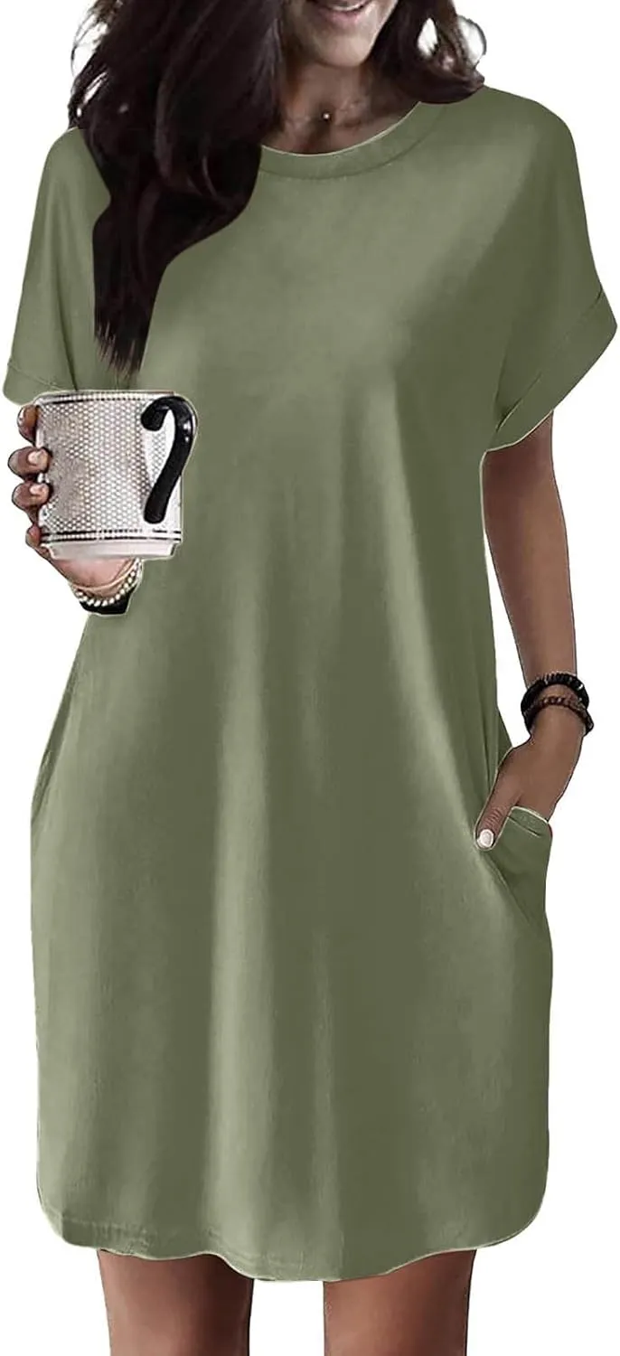 Casual Dresses for Women,Summer Short Sleeve Crew Neck Dress Loose Tshirt Mini Dress Cotton Short Dress with Pockets