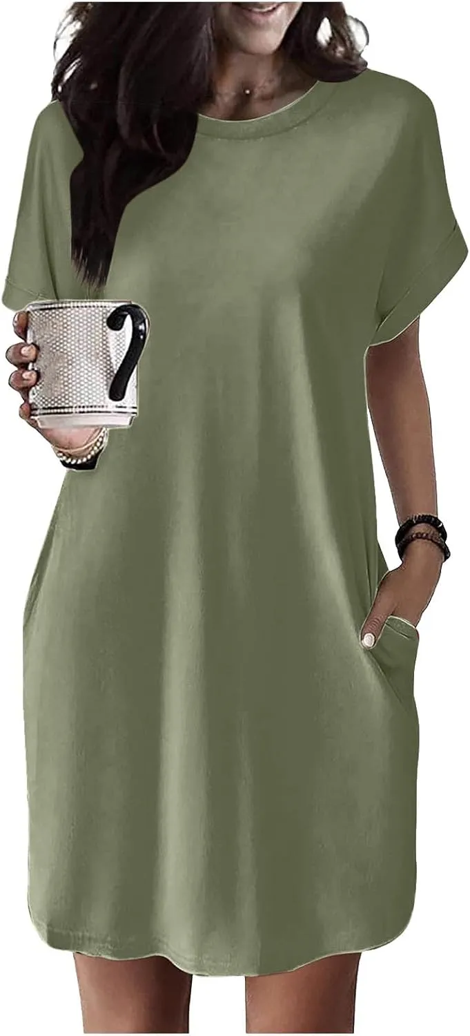 Casual Dresses for Women,Summer Short Sleeve Crew Neck Dress Loose Tshirt Mini Dress Cotton Short Dress with Pockets