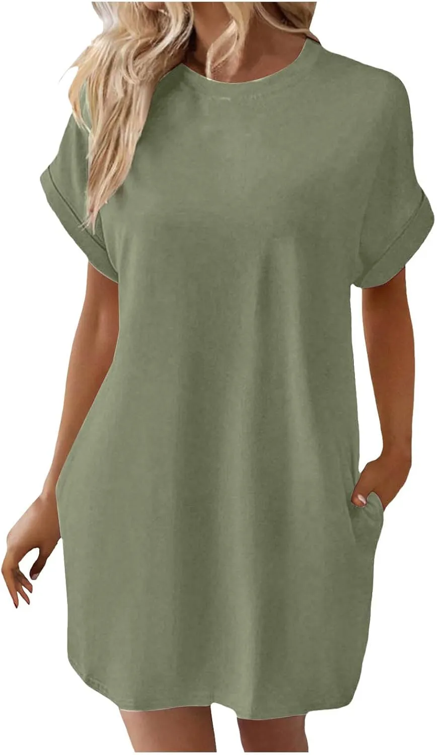 Casual Dresses for Women,Summer Short Sleeve Crew Neck Dress Loose Tshirt Mini Dress Cotton Short Dress with Pockets