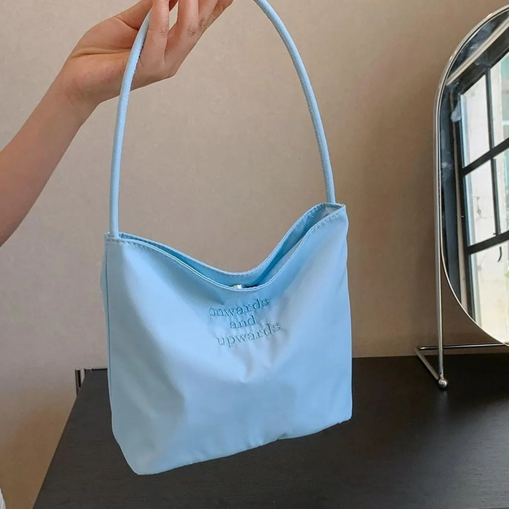 Casual Fashion Nylon Shoulder Bag for Women Simple Solid Color Embroidery Letters Underarm Bucket Handbag Armpit Bag