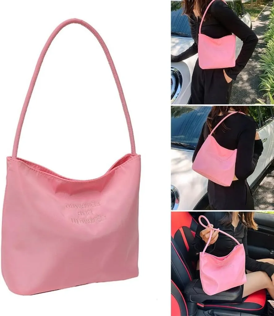 Casual Fashion Nylon Shoulder Bag for Women Simple Solid Color Embroidery Letters Underarm Bucket Handbag Armpit Bag