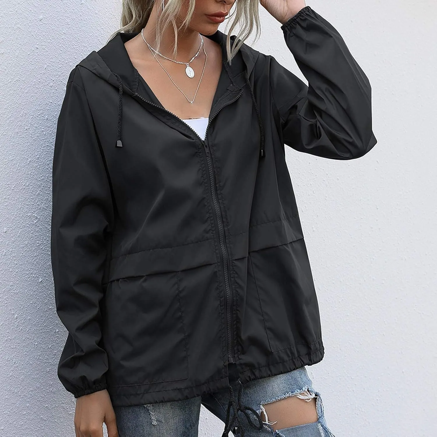 Cdiecer Women's Raincoats Lightweight Rain Jacket Waterproof Windproof Rain Coat Adjustable Hooded Windbreaker with Pockets
