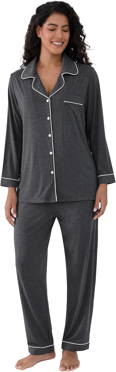 Cherrydew Women Pajama Sets Bamboo Viscose Cooling Long Sleeve Sleepwear Super-Soft Comfy Button Down Lounge Sleep Set S-XXL