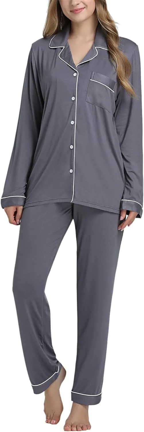 Cherrydew Women Pajama Sets Bamboo Viscose Cooling Long Sleeve Sleepwear Super-Soft Comfy Button Down Lounge Sleep Set S-XXL