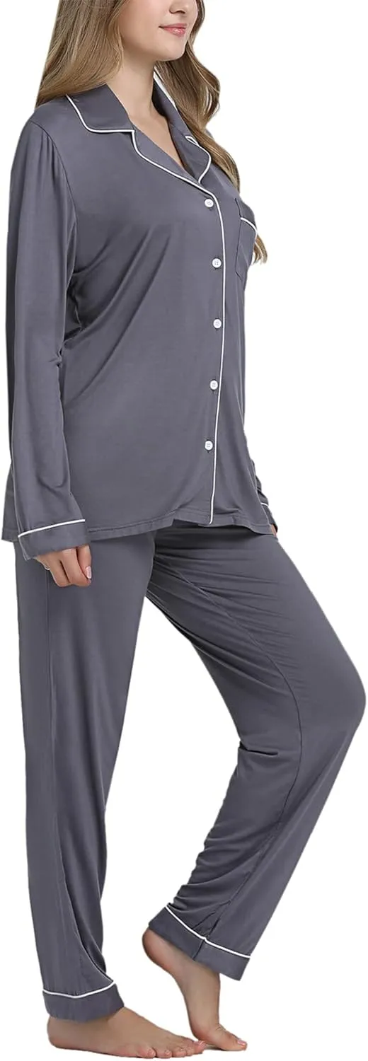 Cherrydew Women Pajama Sets Bamboo Viscose Cooling Long Sleeve Sleepwear Super-Soft Comfy Button Down Lounge Sleep Set S-XXL