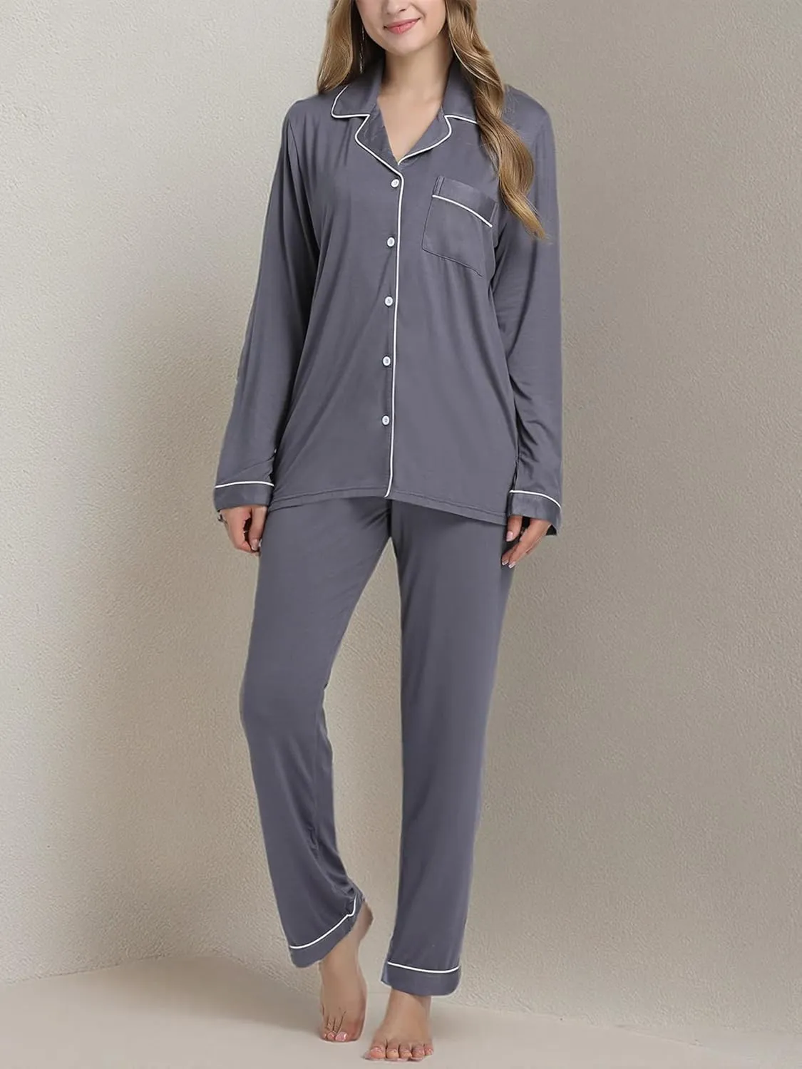 Cherrydew Women Pajama Sets Bamboo Viscose Cooling Long Sleeve Sleepwear Super-Soft Comfy Button Down Lounge Sleep Set S-XXL