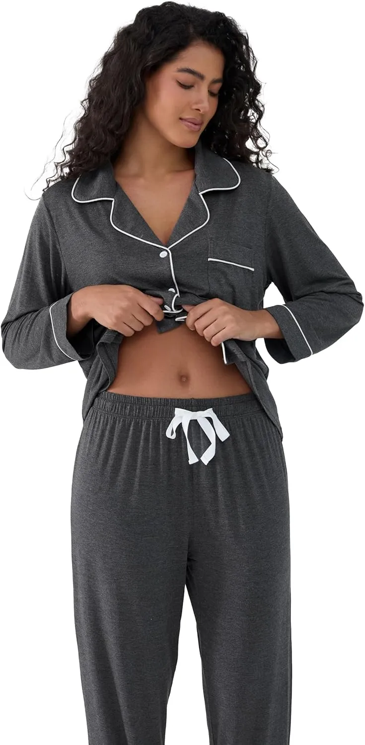 Cherrydew Women Pajama Sets Bamboo Viscose Cooling Long Sleeve Sleepwear Super-Soft Comfy Button Down Lounge Sleep Set S-XXL