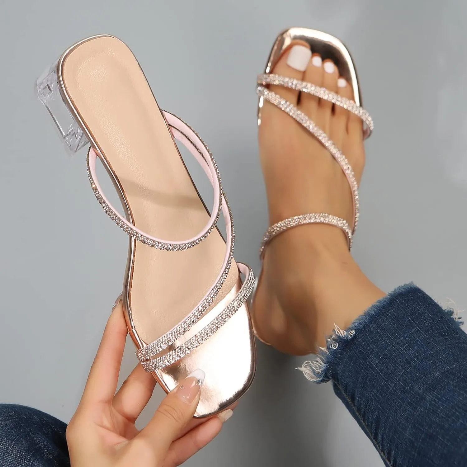 Chunky Heels for Women Clear Rhinestone Heels Slippers Square Open Toe Low Block Sandals Summer Dress Shoes