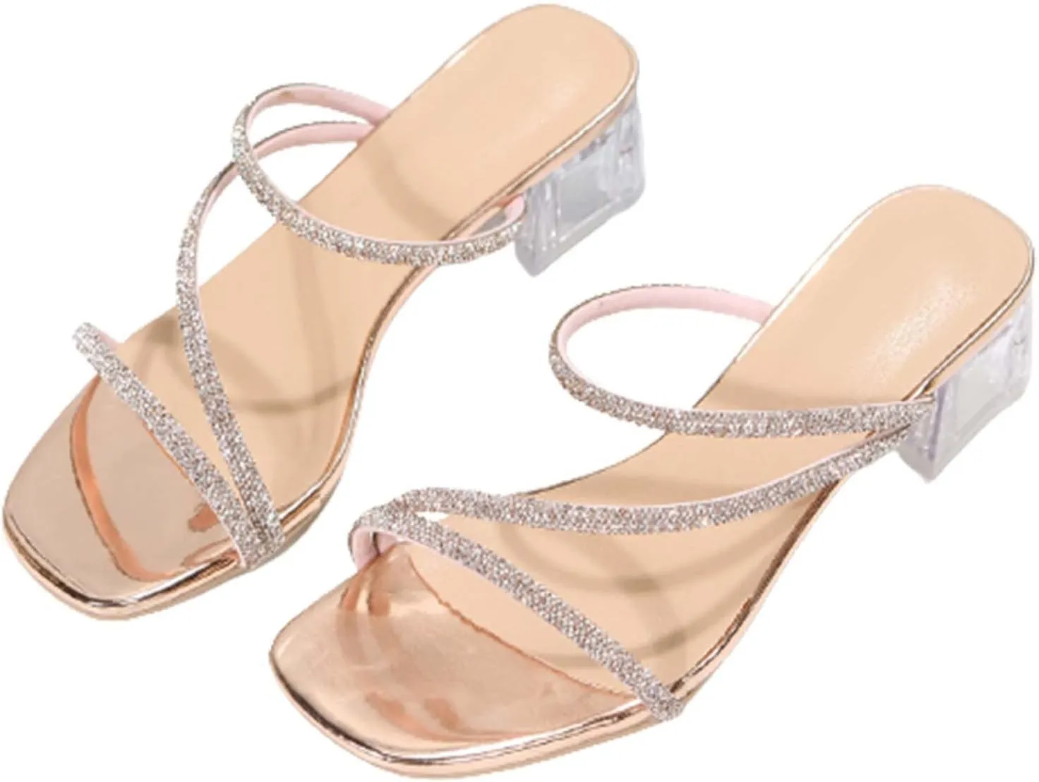 Chunky Heels for Women Clear Rhinestone Heels Slippers Square Open Toe Low Block Sandals Summer Dress Shoes