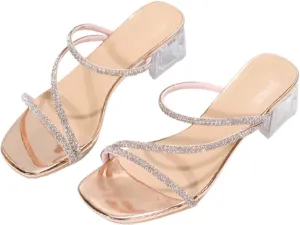 Chunky Heels for Women Clear Rhinestone Heels Slippers Square Open Toe Low Block Sandals Summer Dress Shoes